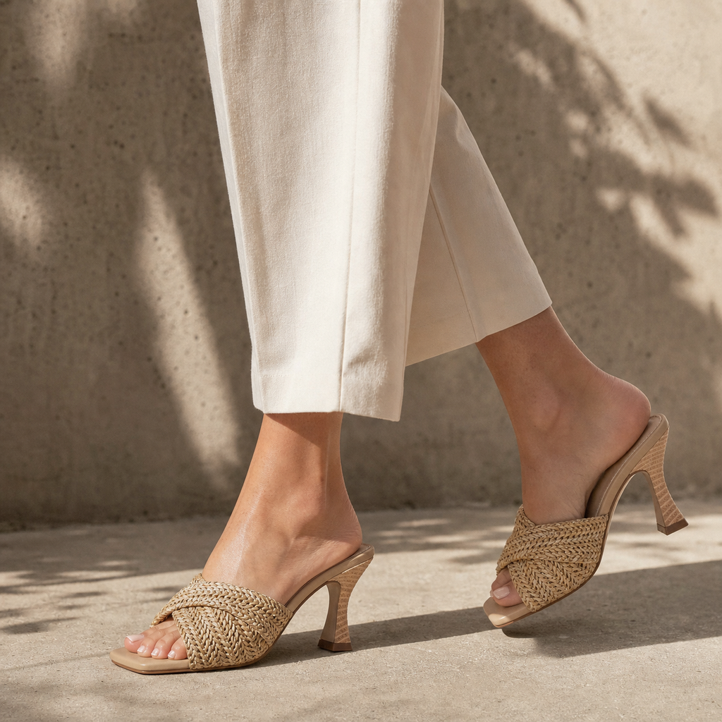 Soft Apricot Women's Open-Toe High-Heel Straw Criss-Cross Pumps on-foot view