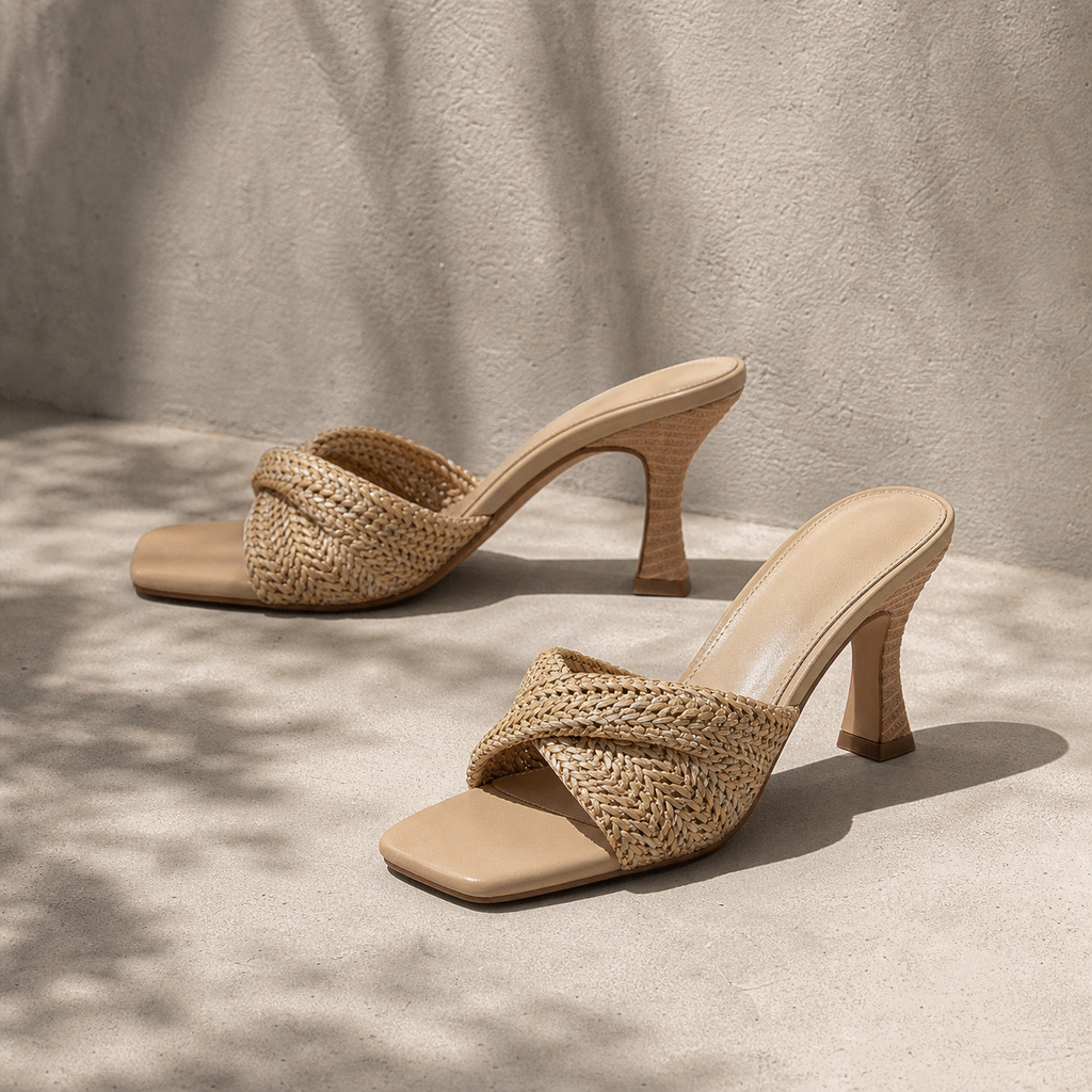 Soft Apricot Women's Open-Toe High-Heel Straw Criss-Cross Pumps styled scene