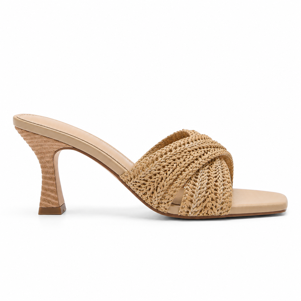 Soft Apricot Women's Open-Toe High-Heel Straw Criss-Cross Pumps side view