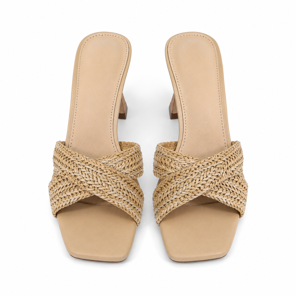Soft Apricot Women's Open-Toe High-Heel Straw Criss-Cross Pumps top view