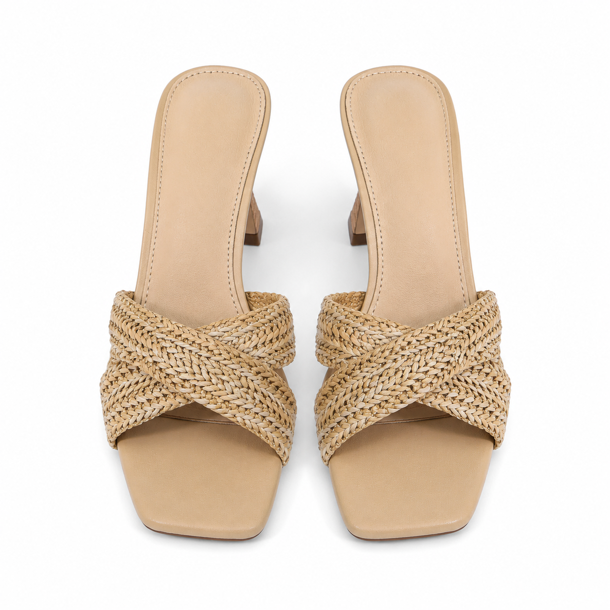 Soft Apricot Women's Open-Toe High-Heel Straw Criss-Cross Pumps top view
