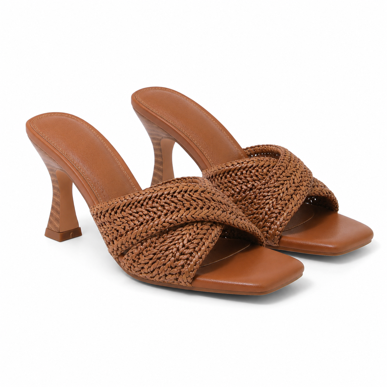 Brown Straw Women's Open-Toe High-Heel Straw Criss-Cross Pumps