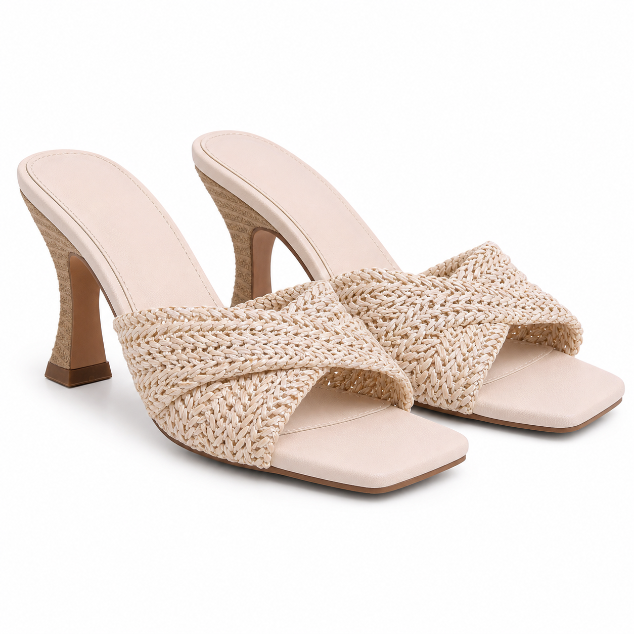 Beige Straw Women's Open-Toe High-Heel Straw Criss-Cross Pumps