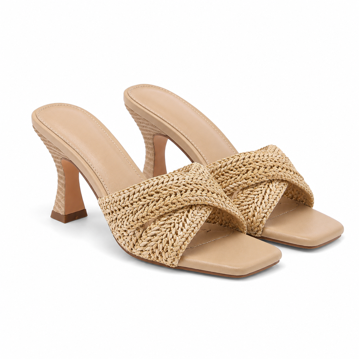 Apricot Straw Women's Open-Toe High-Heel Straw Criss-Cross Pumps
