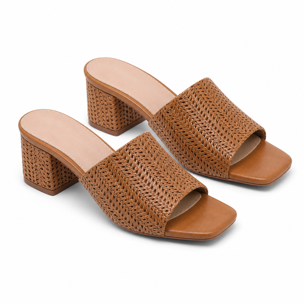 Brown Straw Women's Open-Toe Square-Heel Straw Slip-On Sandals