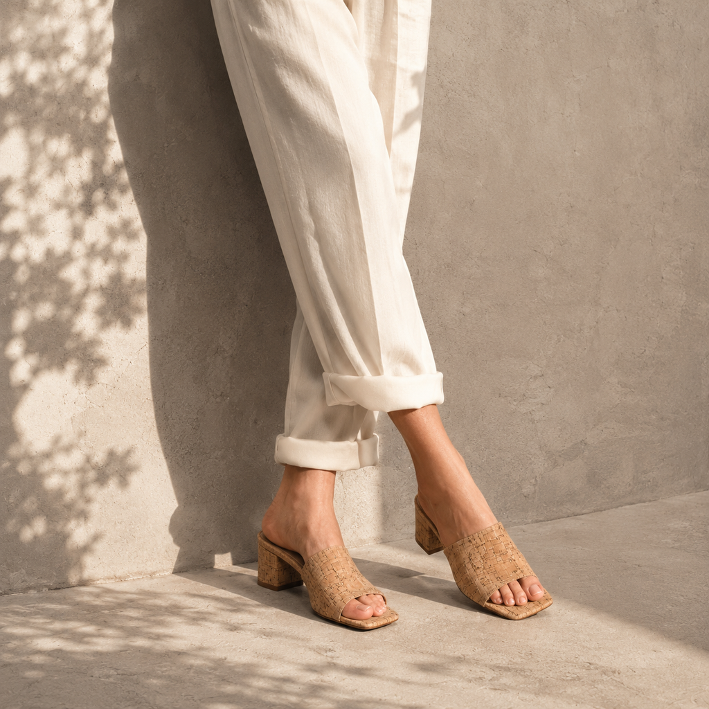 Cork Women's Open-Toe Square-Heel Straw Slip-On Sandals on-foot view