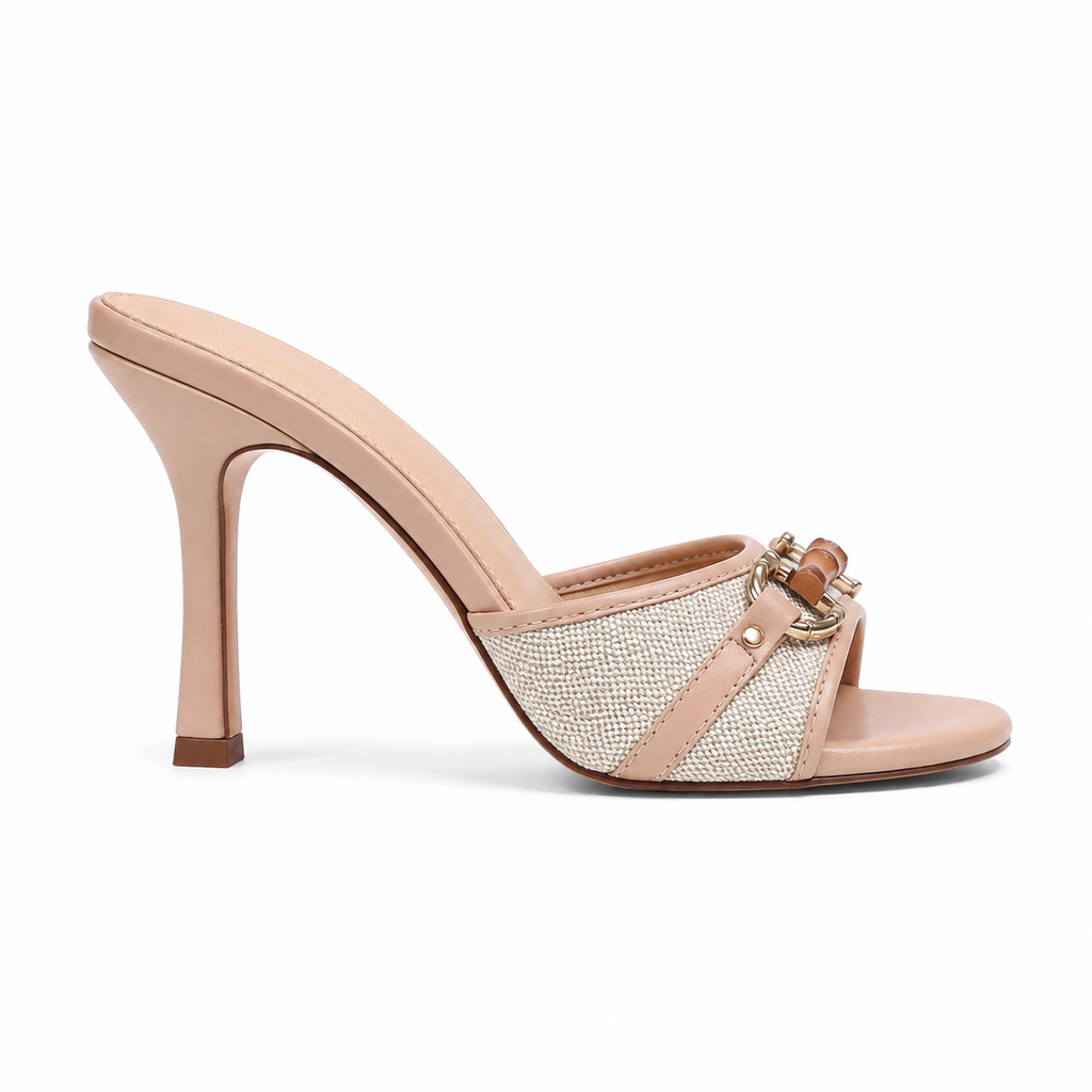 Warm Beige Women's Round-Toe Thin-Heel Microfiber Buckle Slingback Pumps side view