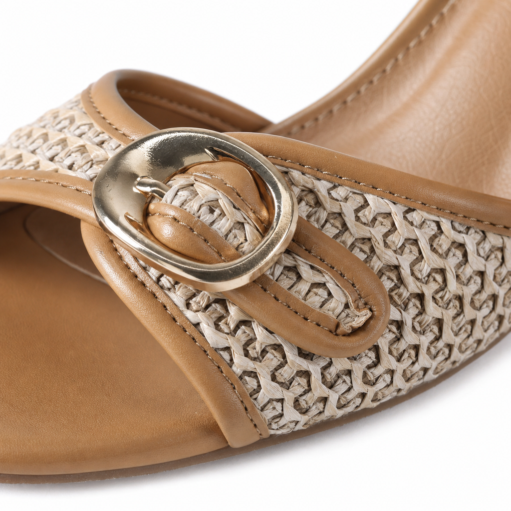 Rich Brown Women's Peep-Toe Thin-Heel Faux Leather Button Slingback Pumps close-up detail