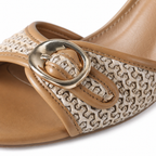 Rich Brown Women's Peep-Toe Thin-Heel Faux Leather Button Slingback Pumps close-up detail