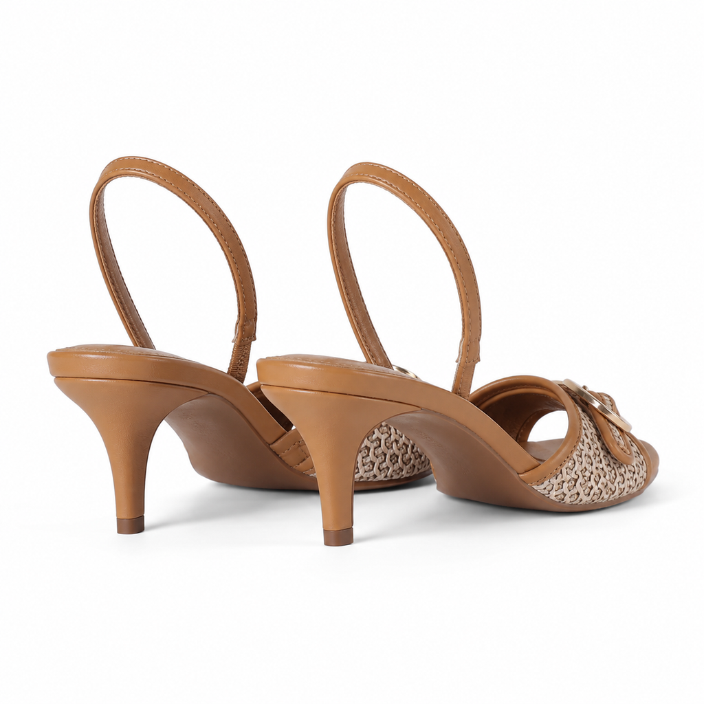 Rich Brown Women's Peep-Toe Thin-Heel Faux Leather Button Slingback Pumps heel detail