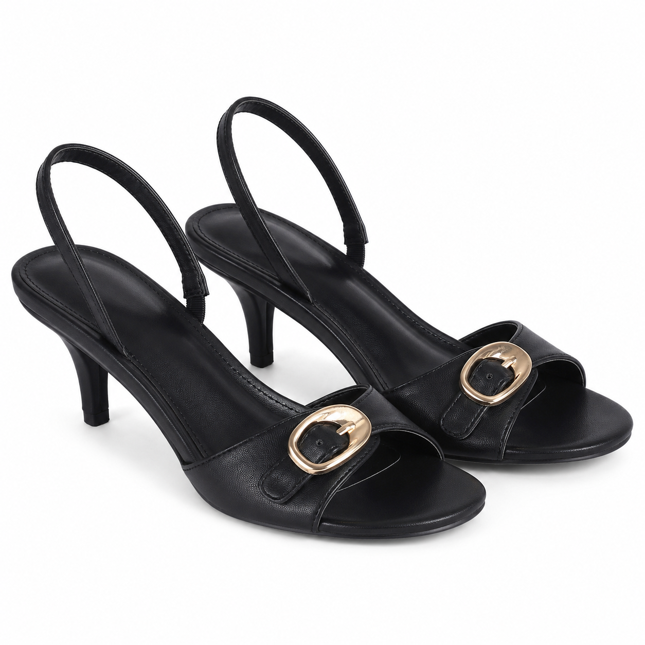 Deep Black Women's Peep-Toe Thin-Heel Faux Leather Button Slingback Pumps