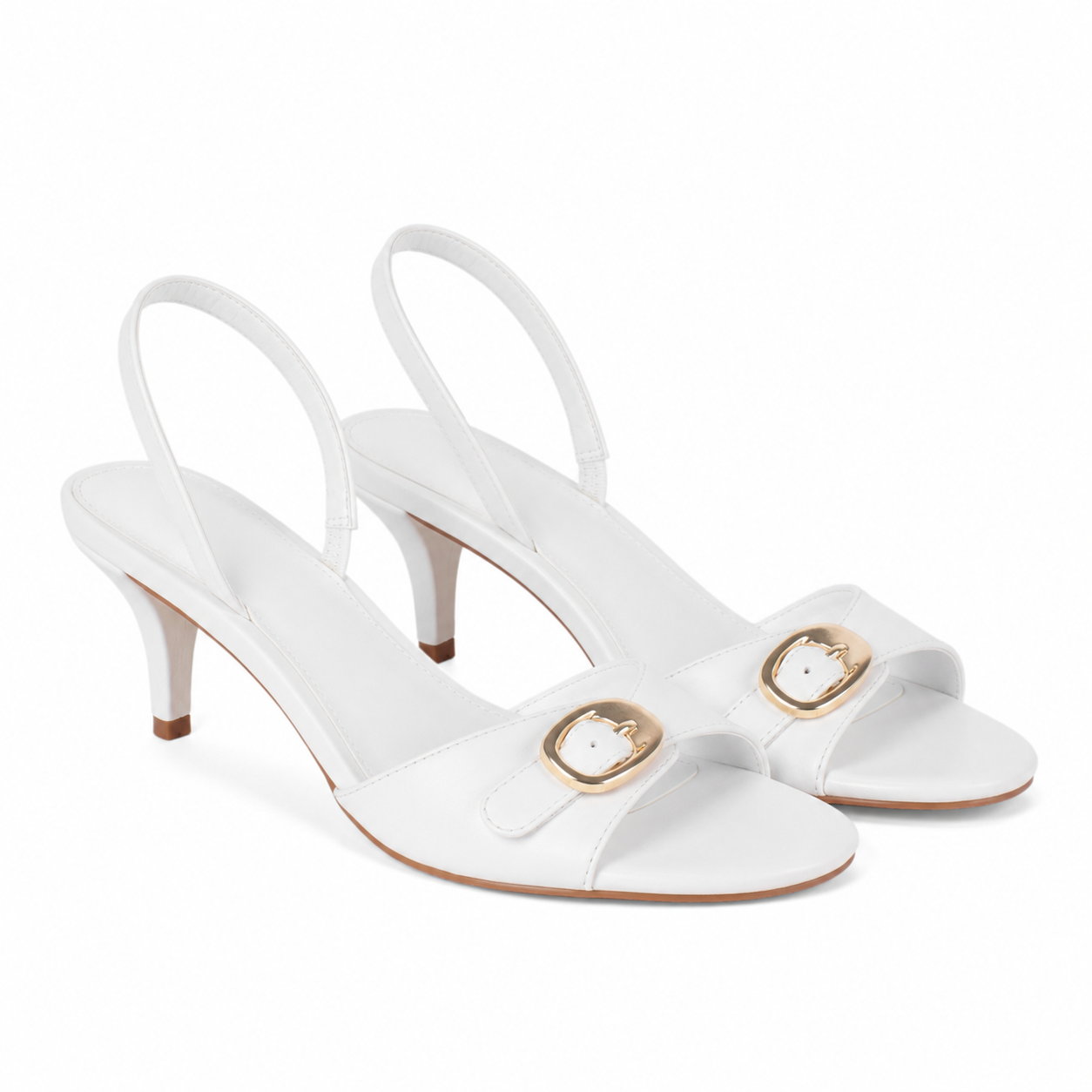 Cream Ivory Women's Peep-Toe Thin-Heel Faux Leather Button Slingback Pumps