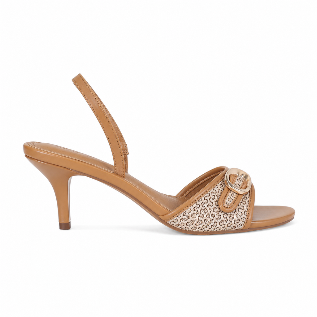 Rich Brown Women's Peep-Toe Thin-Heel Faux Leather Button Slingback Pumps side view