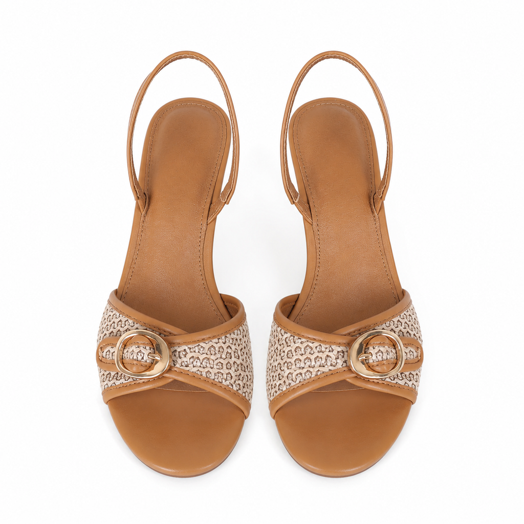 Rich Brown Women's Peep-Toe Thin-Heel Faux Leather Button Slingback Pumps top view