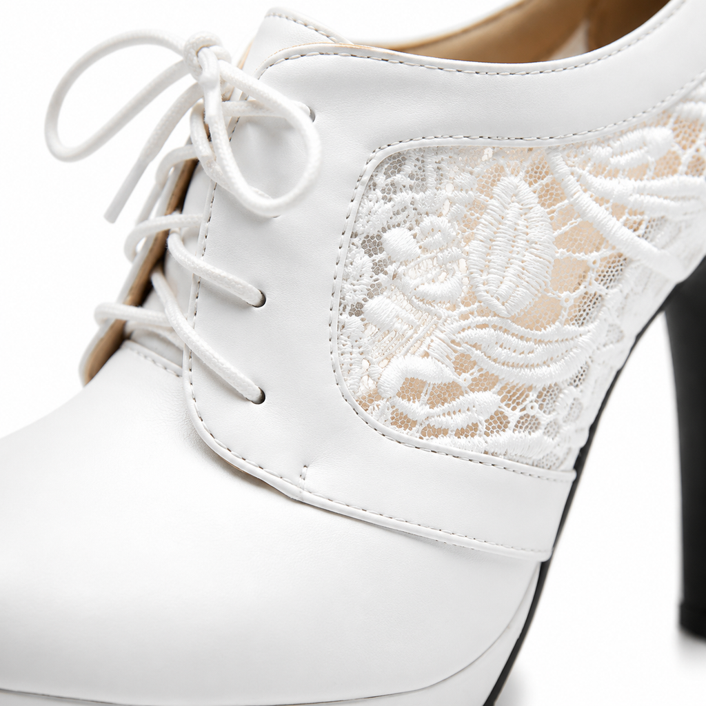 Cream Ivory Women's Pointed-Toe Thin-Heel Faux Leather Lace-Up Floral Pumps close-up detail