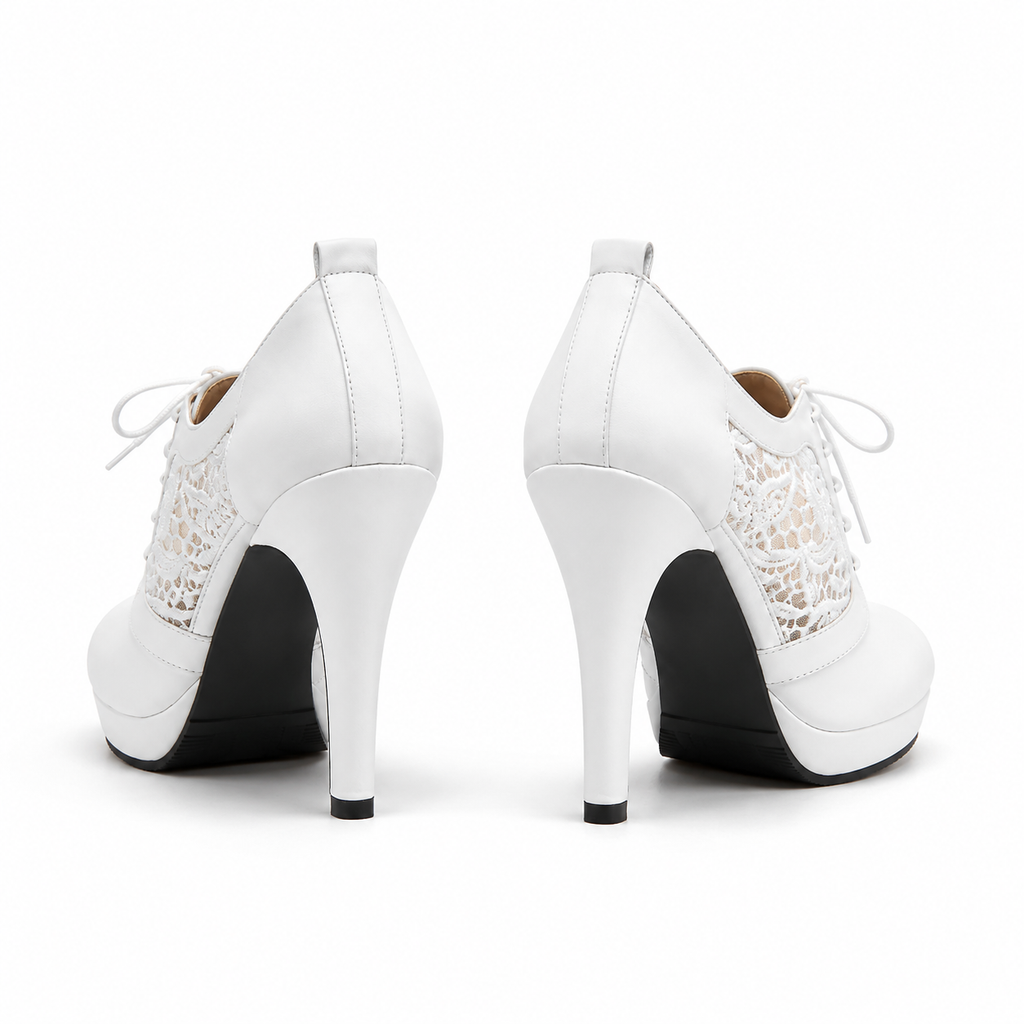 Cream Ivory Women's Pointed-Toe Thin-Heel Faux Leather Lace-Up Floral Pumps heel detail