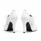 Cream Ivory Women's Pointed-Toe Thin-Heel Faux Leather Lace-Up Floral Pumps heel detail