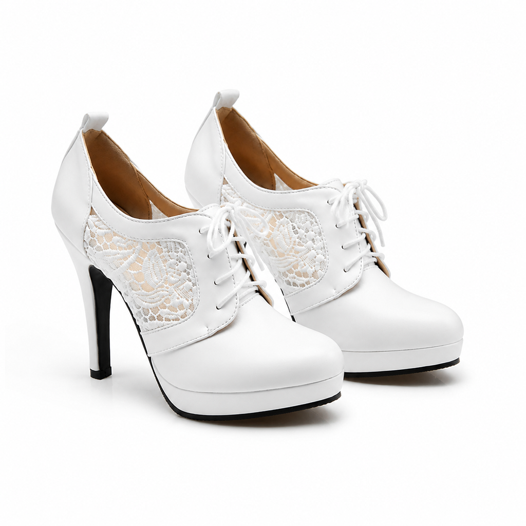 Cream Ivory Women's Pointed-Toe Thin-Heel Faux Leather Lace-Up Floral Pumps