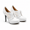 Cream Ivory Women's Pointed-Toe Thin-Heel Faux Leather Lace-Up Floral Pumps