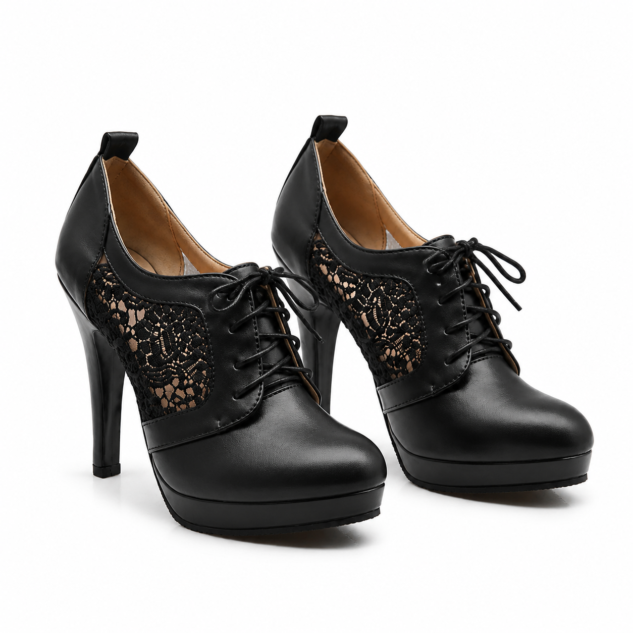 Deep Black Women's Pointed-Toe Thin-Heel Faux Leather Lace-Up Floral Pumps