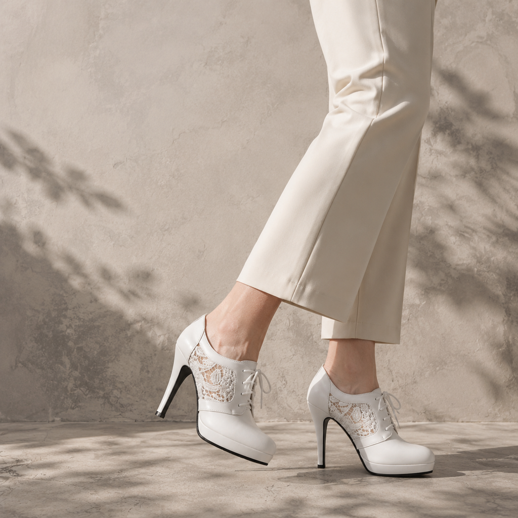 Cream Ivory Women's Pointed-Toe Thin-Heel Faux Leather Lace-Up Floral Pumps on-foot view