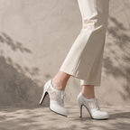 Cream Ivory Women's Pointed-Toe Thin-Heel Faux Leather Lace-Up Floral Pumps on-foot view