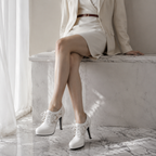 Cream Ivory Women's Pointed-Toe Thin-Heel Faux Leather Lace-Up Floral Pumps lifestyle scene