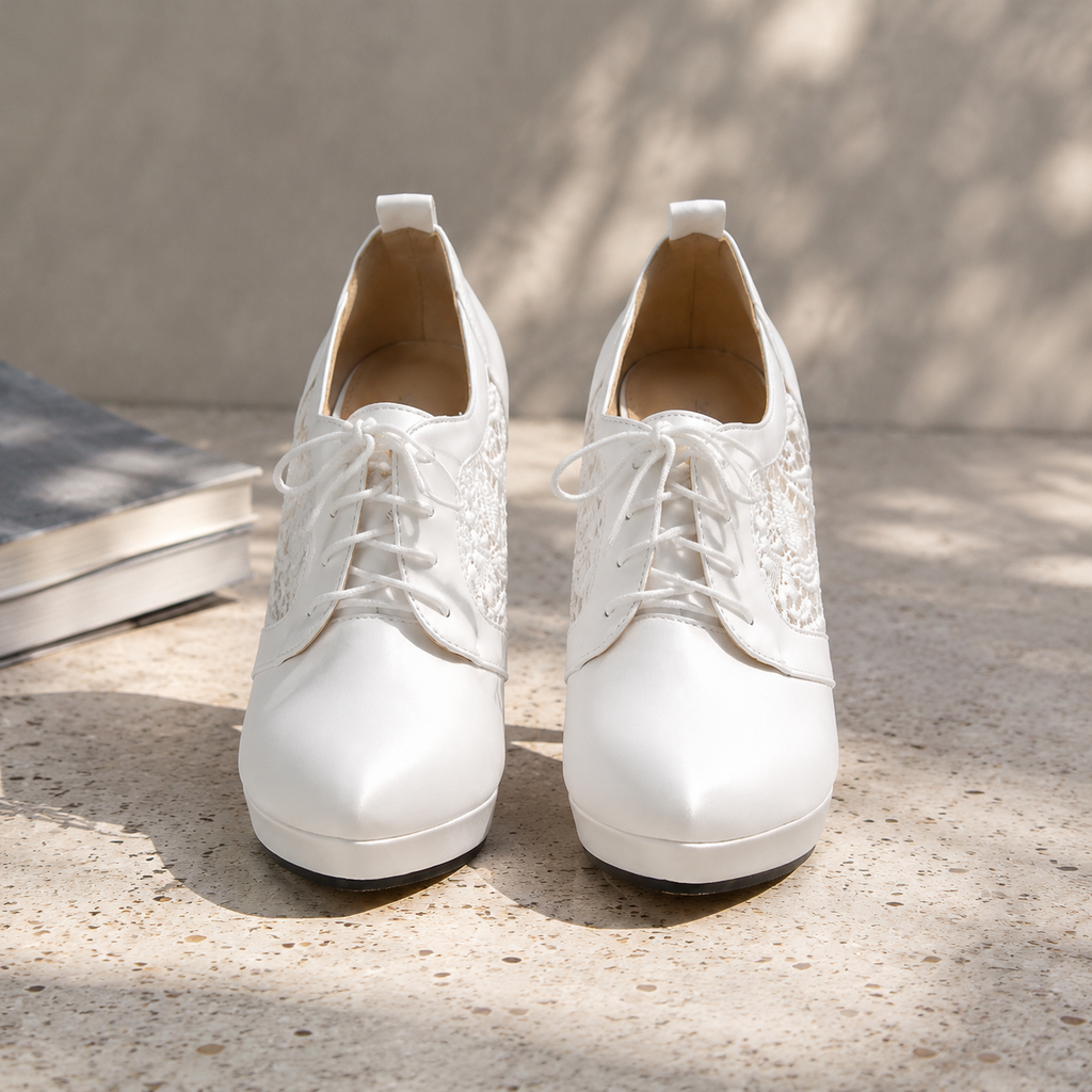 Cream Ivory Women's Pointed-Toe Thin-Heel Faux Leather Lace-Up Floral Pumps styled scene