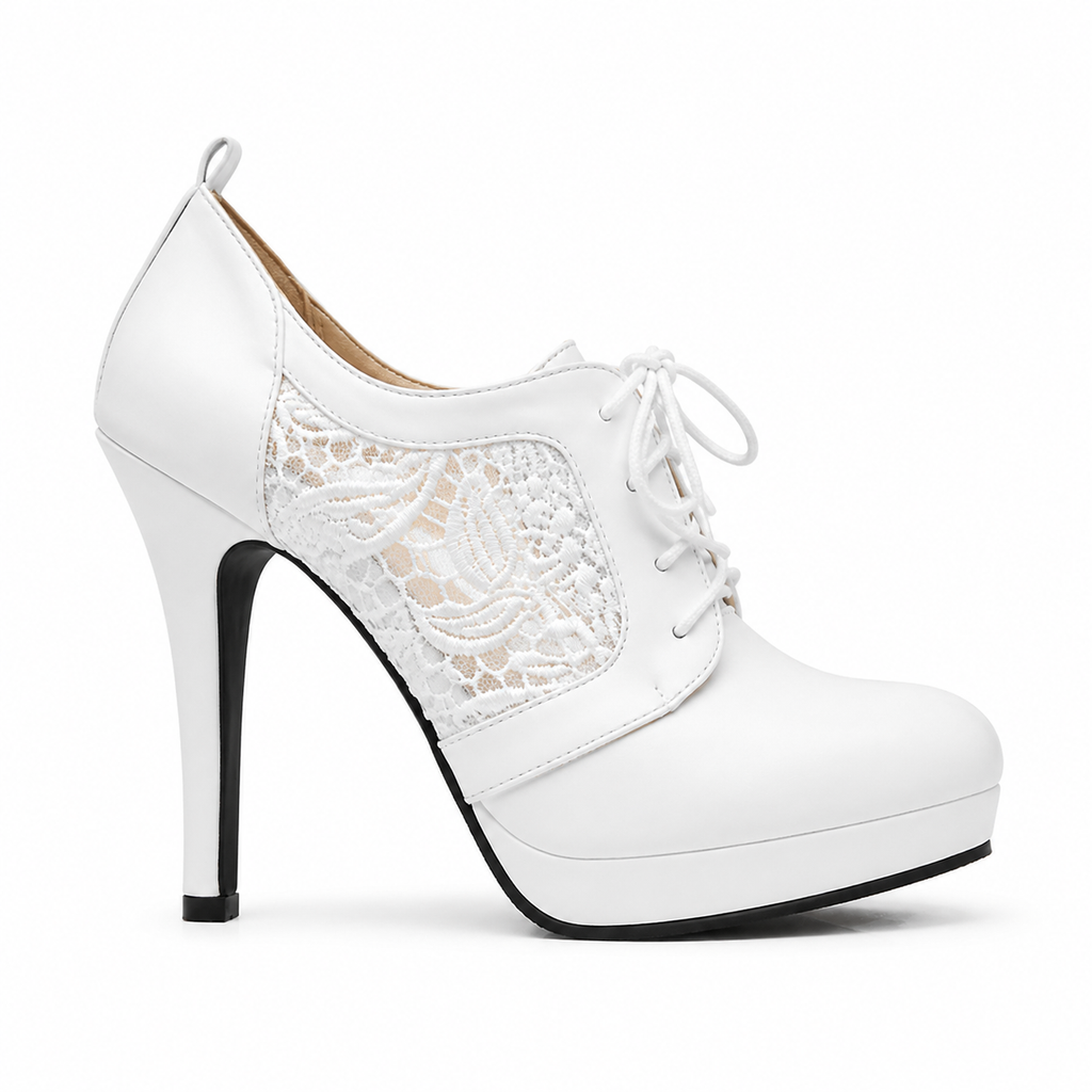 Cream Ivory Women's Pointed-Toe Thin-Heel Faux Leather Lace-Up Floral Pumps side view