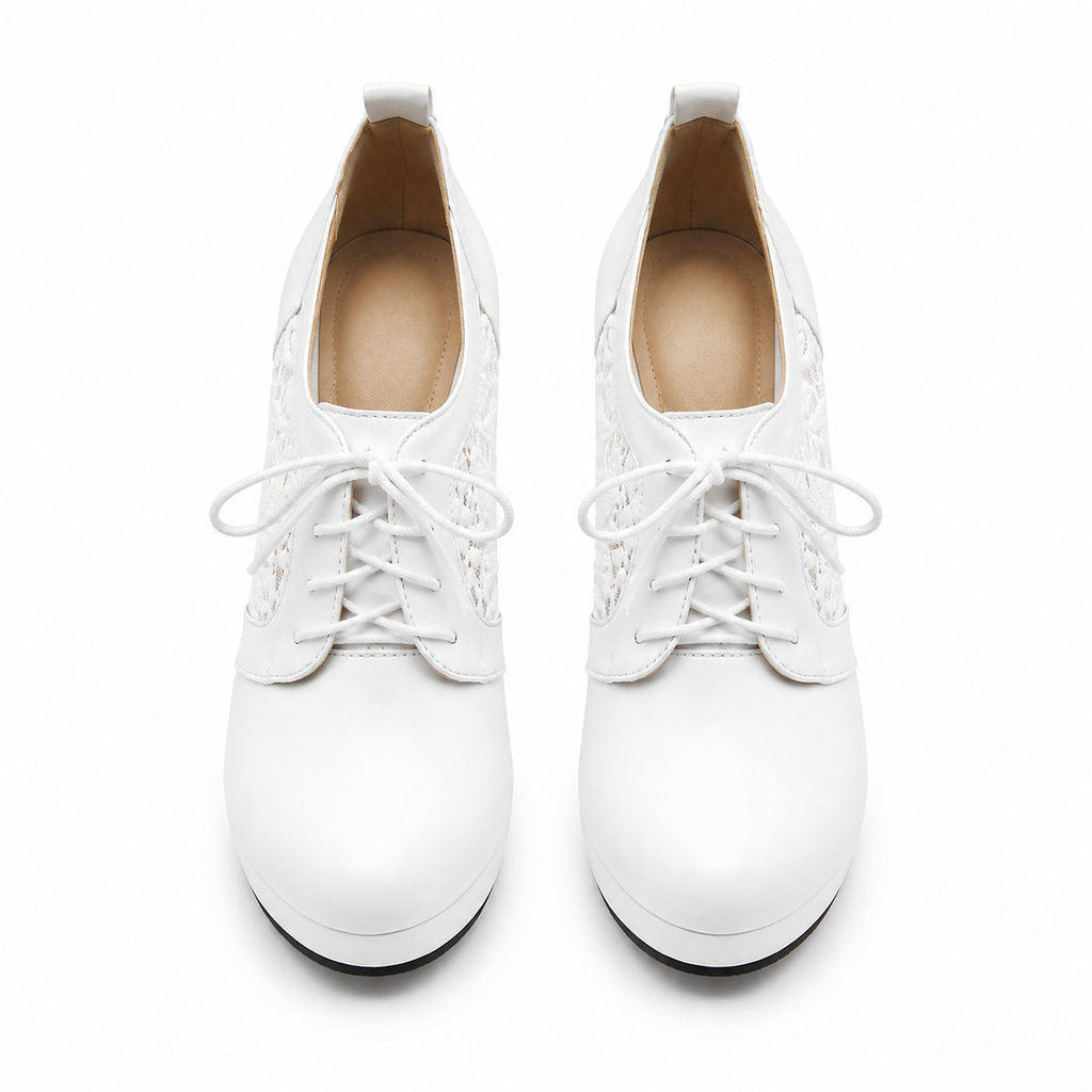 Cream Ivory Women's Pointed-Toe Thin-Heel Faux Leather Lace-Up Floral Pumps top view
