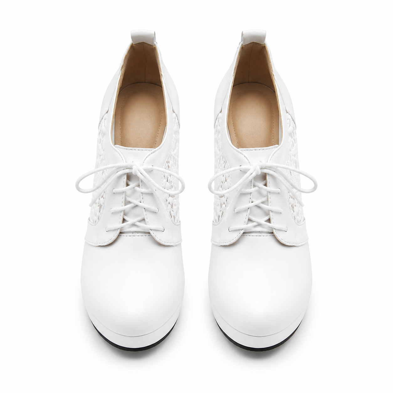 Cream Ivory Women's Pointed-Toe Thin-Heel Faux Leather Lace-Up Floral Pumps top view