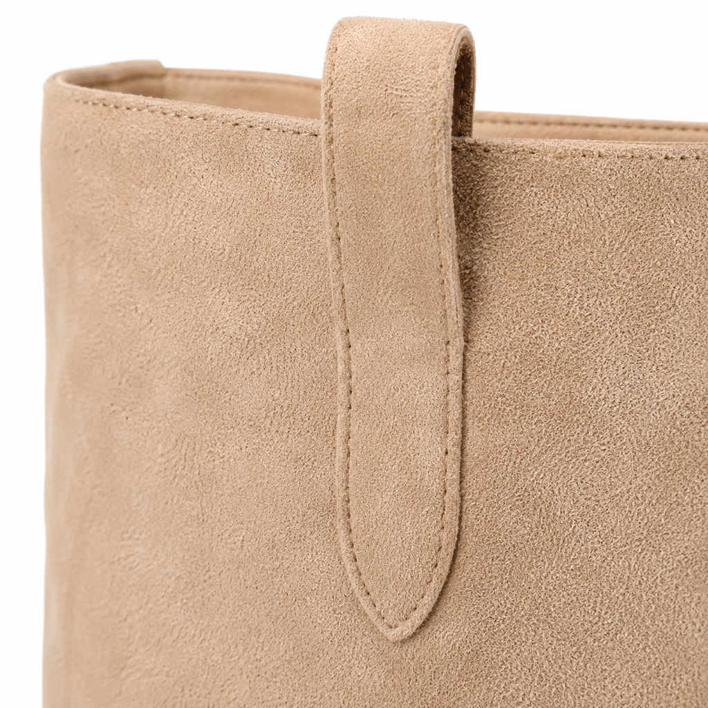 Soft Apricot Women's Round-Toe Square-Heel Suede Slip-On Knee-High Boots close-up detail