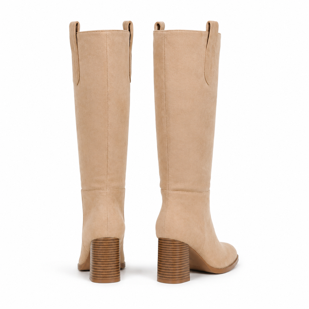 Soft Apricot Women's Round-Toe Square-Heel Suede Slip-On Knee-High Boots heel detail