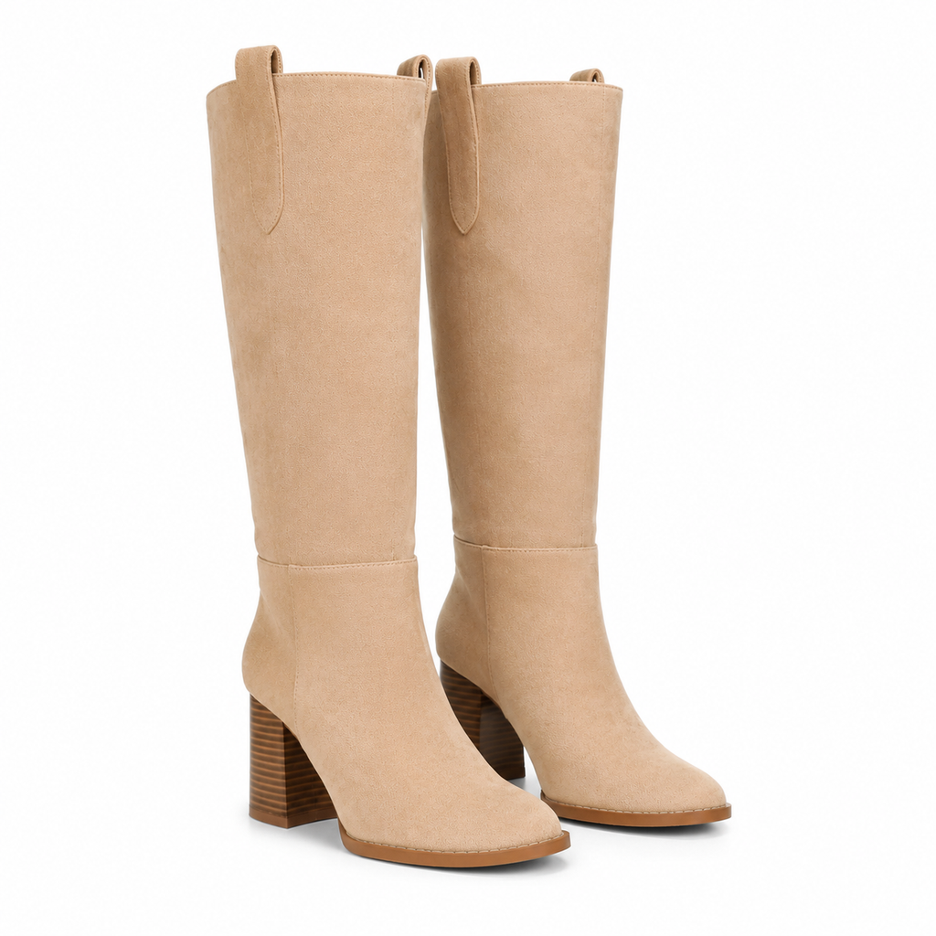 Soft Apricot Women's Round-Toe Square-Heel Suede Slip-On Knee-High Boots