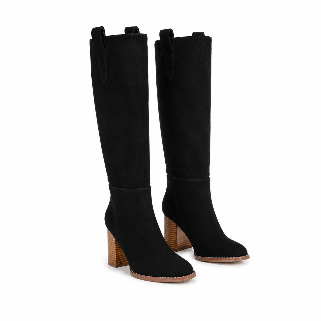 Deep Black Women's Round-Toe Square-Heel Suede Slip-On Knee-High Boots