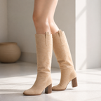 Soft Apricot Women's Round-Toe Square-Heel Suede Slip-On Knee-High Boots on-foot view