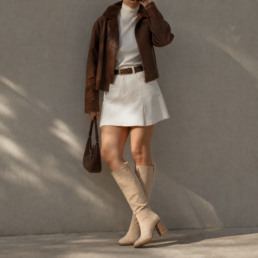 Soft Apricot Women's Round-Toe Square-Heel Suede Slip-On Knee-High Boots lifestyle scene