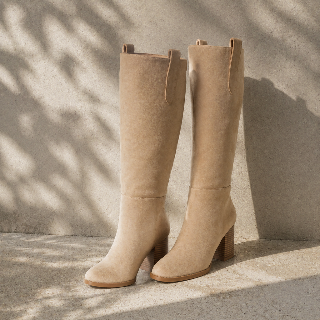 Soft Apricot Women's Round-Toe Square-Heel Suede Slip-On Knee-High Boots styled scene