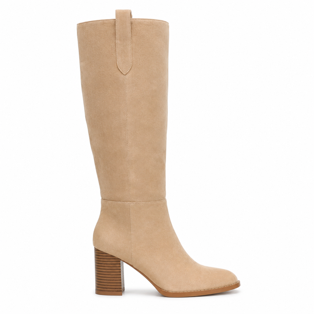 Soft Apricot Women's Round-Toe Square-Heel Suede Slip-On Knee-High Boots side view