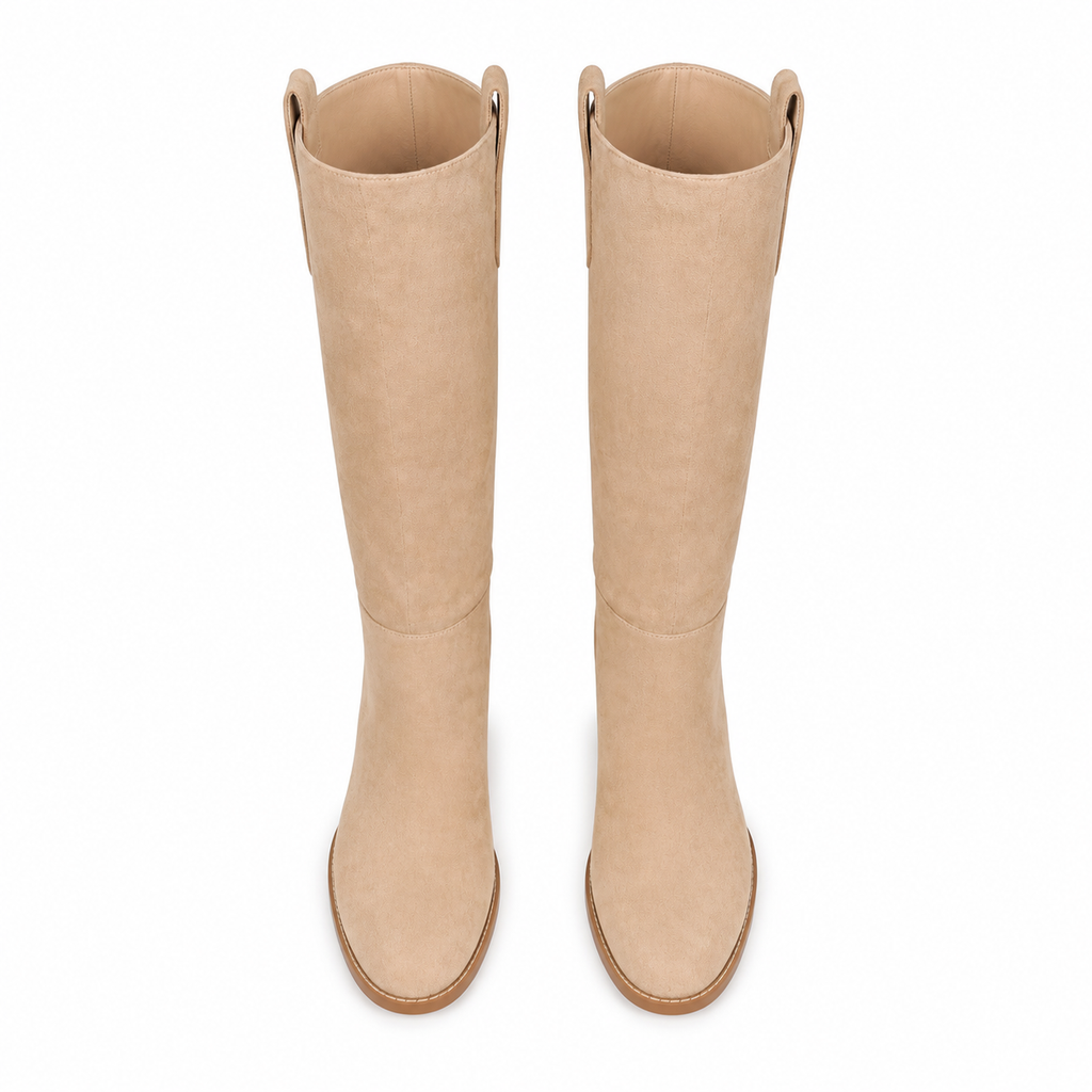 Soft Apricot Women's Round-Toe Square-Heel Suede Slip-On Knee-High Boots top view