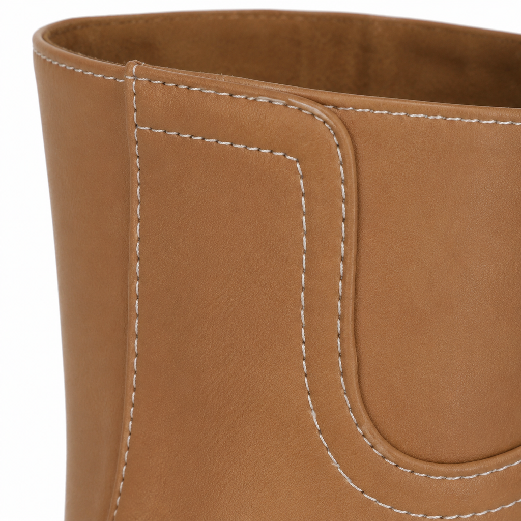 Rich Brown Women's Round-Toe Square-Heel Leather Slip-On Mid-Calf Boots close-up detail