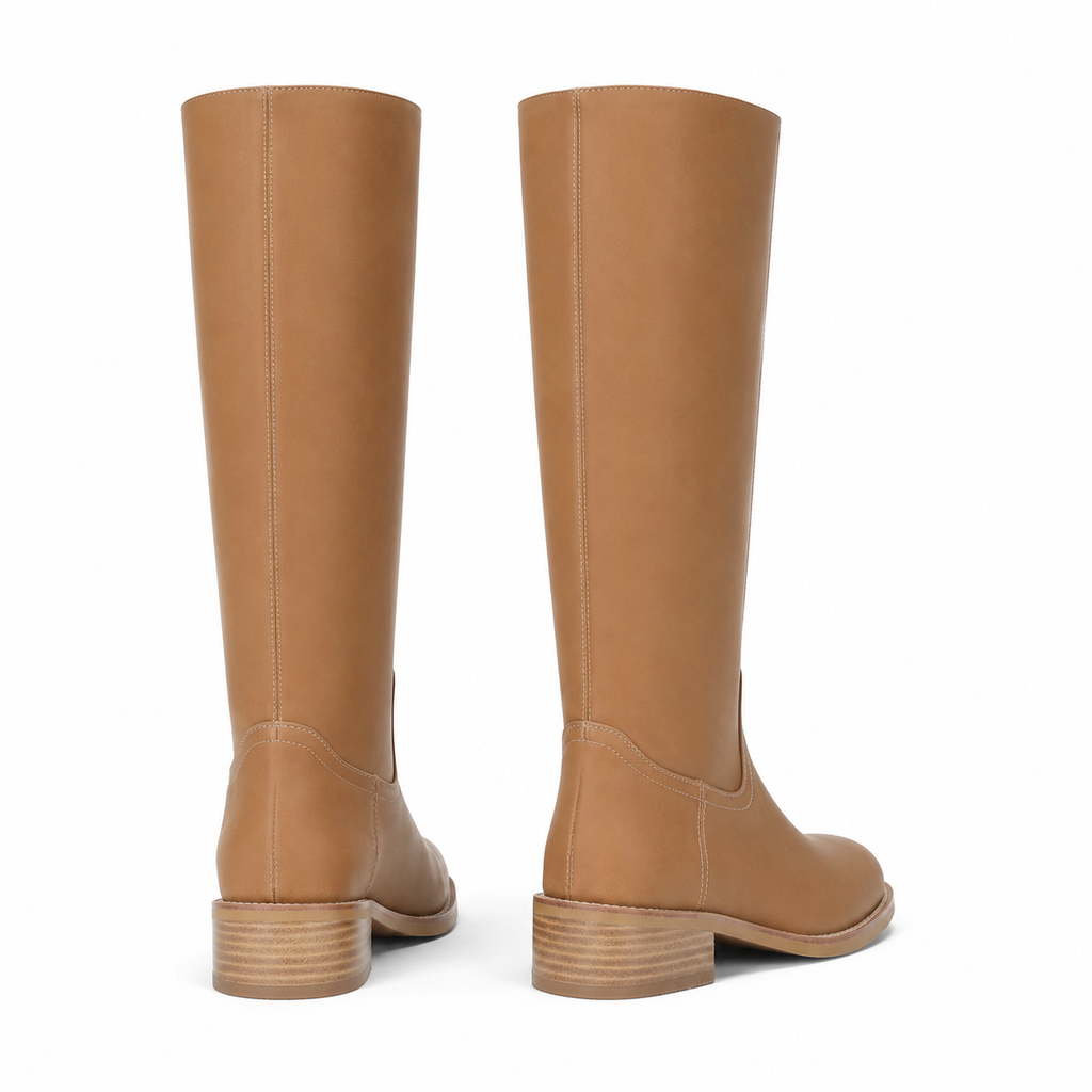 Rich Brown Women's Round-Toe Square-Heel Leather Slip-On Mid-Calf Boots heel detail