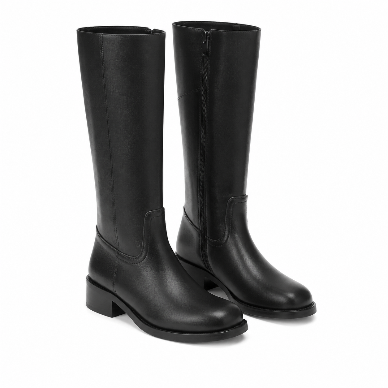 Deep Black Women's Round-Toe Square-Heel Leather Slip-On Mid-Calf Boots