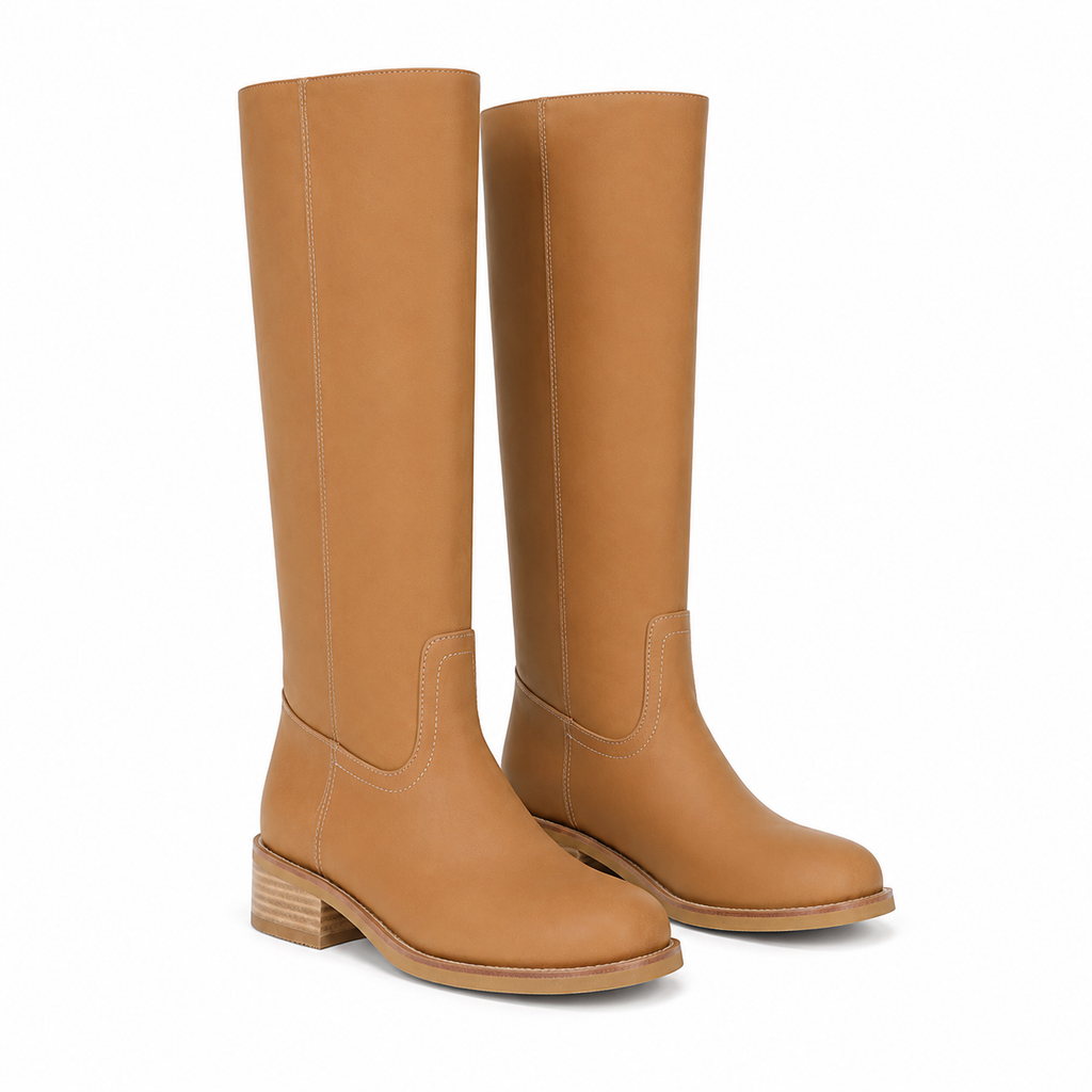 Rich Brown Women's Round-Toe Square-Heel Leather Slip-On Mid-Calf Boots