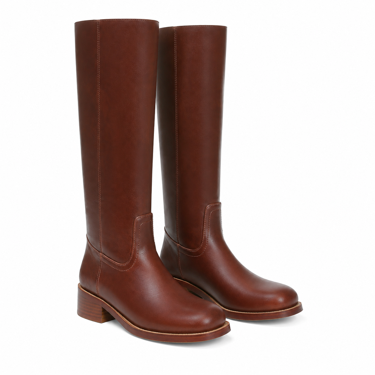 Rich Chocolate Women's Round-Toe Square-Heel Leather Slip-On Mid-Calf Boots