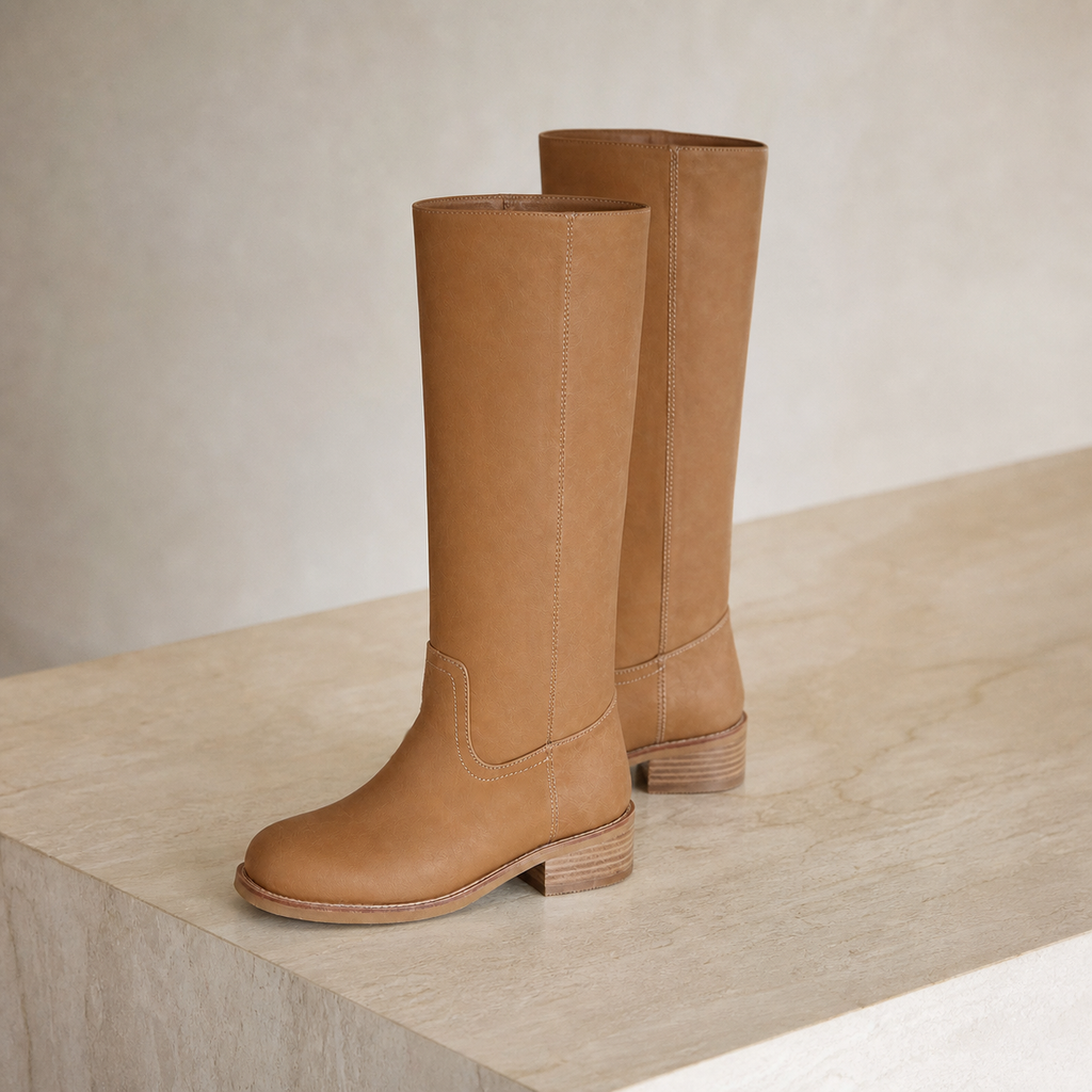 Rich Brown Women's Round-Toe Square-Heel Leather Slip-On Mid-Calf Boots styled scene