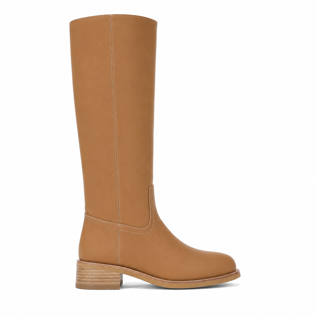 Rich Brown Women's Round-Toe Square-Heel Leather Slip-On Mid-Calf Boots side view