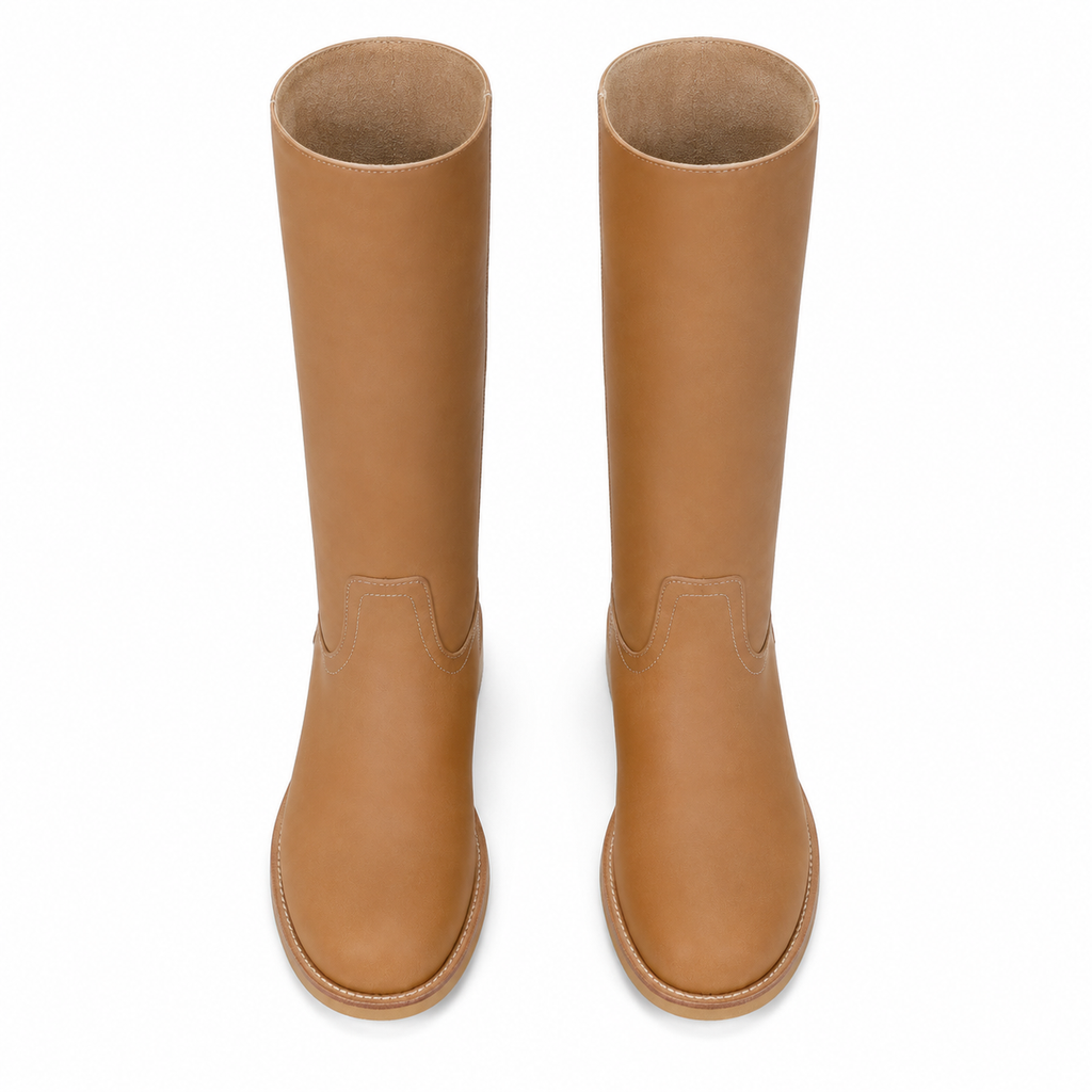 Rich Brown Women's Round-Toe Square-Heel Leather Slip-On Mid-Calf Boots top view