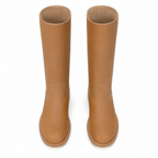 Rich Brown Women's Round-Toe Square-Heel Leather Slip-On Mid-Calf Boots top view