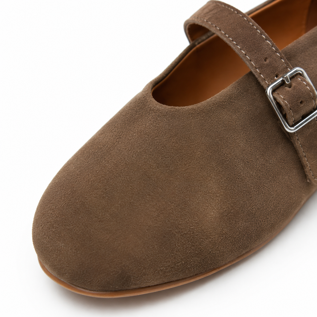 Rich Brown Women's Round-Toe Leather Buckle Flats close-up detail